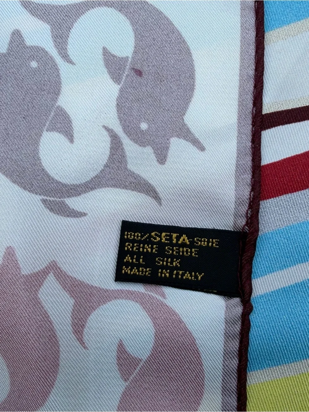 Vintage CACHAREL Silk Square Scarf Red Dolphin Border Diagonal Striped Nautical